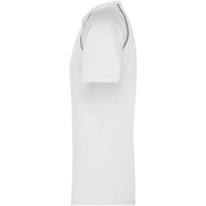 A white men's sports T-shirt with short sleeves and contrasting trim. It features a logo on the front.