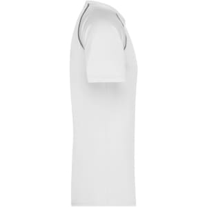 A white men's sports T-shirt with a fitted design and contrasting trim. It features a logo on the side.