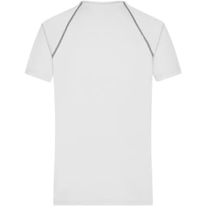A white men's sports T-shirt with grey detailing on the shoulders and a logo on the back.