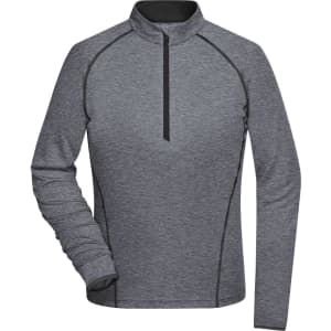 A grey women's sports shirt featuring a quarter zip and contrast stitching. Includes a logo on the garment.