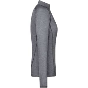 A grey long-sleeve ladies sports shirt with a fitted design, featuring a collar and seams. It has a logo on the side.