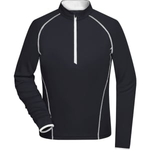 A black ladies sports shirt with a zip collar, featuring white piping along the seams and a fitted style.