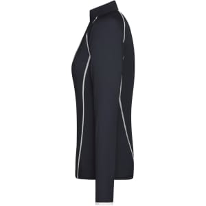 A ladies' long-sleeve sports shirt in navy blue with white piping details, featuring a collar and a fitted design.