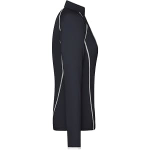 A navy long-sleeve sports shirt for ladies, featuring white trim and a logo. Suitable for active wear.
