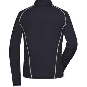 A black ladies' sports shirt with grey detailing, featuring a collar and long sleeves, with a logo present.