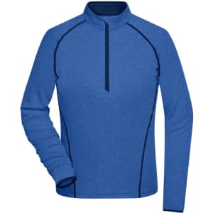 A blue long-sleeve sports shirt with a quarter zip and contrasting stitching, featuring a logo on it.