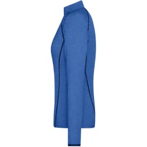 A side view of a blue ladies sports shirt with long sleeves and contrasting seams. It features a collar and a logo.