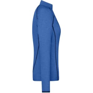 A side view of a ladies' long-sleeve sports shirt in blue with black trim and a logo.