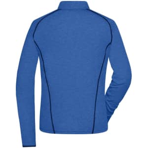 A blue ladies sports shirt with long sleeves, featuring contrasting black piping and a polo collar.
