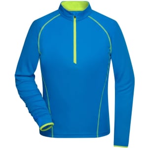 A blue ladies sports shirt with a high collar and yellow accents, featuring a zippered neckline and long sleeves.