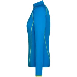 A side view of a ladies' long-sleeve sports shirt in bright blue with contrasting green stitching. It features a logo.