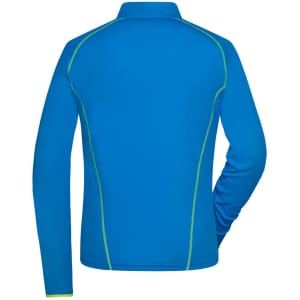 A blue long-sleeved sports shirt featuring green accent stitching and a logo on the back.
