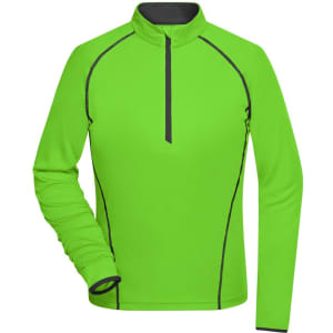 A bright green ladies sports shirt with a quarter zip and contrasting black stitching. Features long sleeves.