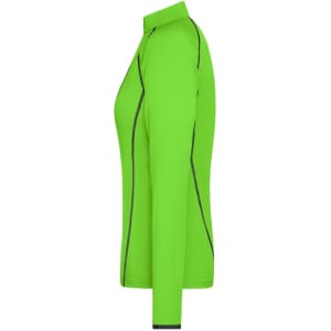 A side view of a ladies sports shirt in bright green with contrasting black trim and a high collar.