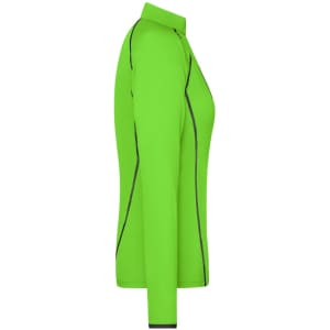 A side view of a ladies' long-sleeve sports shirt in bright green with contrasting stitching and a collar.