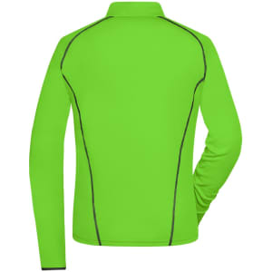 A bright green ladies sports shirt with contrasting stitching, showcasing a back view and a collar.