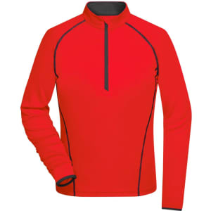 A red long-sleeve sports shirt featuring a zip neck and contrasting black details. It includes a logo.