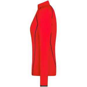 A ladies sports shirt in vibrant red, featuring long sleeves and a fitted design, with contrasting details.