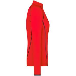 A red long-sleeve sports shirt with a side view, featuring contrasting seam detailing and a collar.