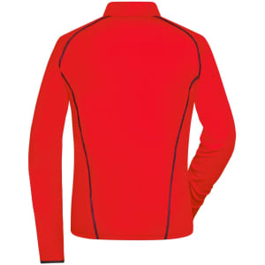 A red ladies sports shirt with long sleeves and contrasting stitching, featuring a back view. It has a simple design and a collar.