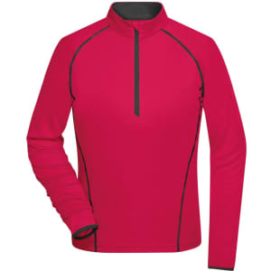 A red ladies sports shirt with a zip collar and contrasting black detailing. Features long sleeves and an athletic fit.