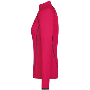 A pink ladies sports shirt with a fitted design and contrasting black stitching, featuring a collar and long sleeves.