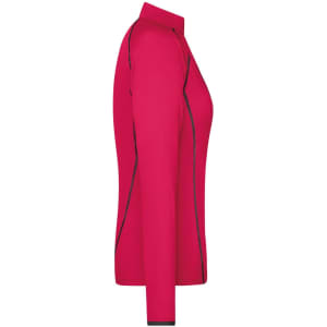 A ladies' long-sleeve sports shirt in vibrant pink with contrast stitching and a collar, featuring a logo.