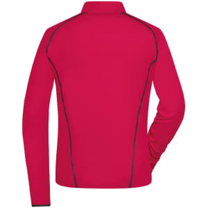 A red women's sports shirt with long sleeves and contrasting seams, featuring a collar and a logo.