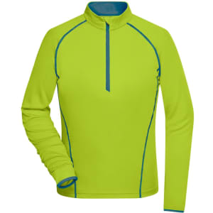A ladies’ sports shirt in bright lime green with blue trim and a half-zip collar. Features a logo on the front.