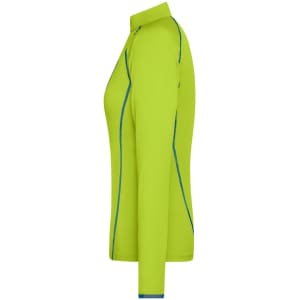 A lime green ladies sports shirt with long sleeves and blue stitching details. Features a collar and has a logo.