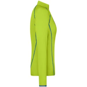 A side view of a ladies' long-sleeve sports shirt in vibrant lime green with blue detailing and a collar.