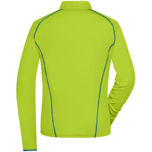 A ladies' sports shirt in bright lime green with blue stitching. Features a collar and long sleeves.