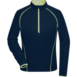 A navy blue ladies sports shirt with a zip collar and lime green accents. It has long sleeves and a fitted design.
