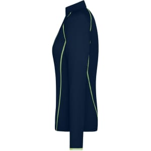 A navy blue ladies sports shirt with green accents, featuring a collar and long sleeves. It has a logo.