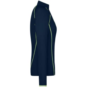 A ladies' long-sleeve sports shirt in navy blue with green accents and a fitted design. Includes a logo.