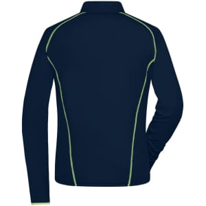 A navy ladies sports shirt with long sleeves and contrasting green stitching, featuring a logo on the back.