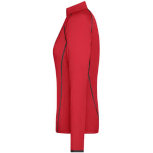 A red ladies' long-sleeve sports shirt featuring black accents and a collar, with a logo present.
