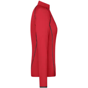 A red long-sleeved sports shirt with black detailing and a collar, featuring a logo.