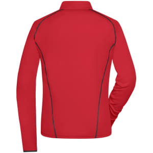 A red ladies sports shirt with a collar and long sleeves, featuring contrasting stitching and a logo.