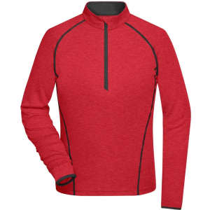 A red long-sleeve sports shirt with a quarter zip and black piping details. Features a logo on the chest area.