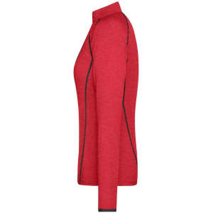 A red long-sleeved ladies sports shirt with contrasting seams and a collar, featuring a logo.