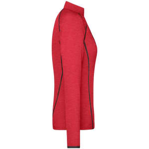 A red long-sleeved ladies sports shirt featuring black detailing and a collar, with a logo on the fabric.