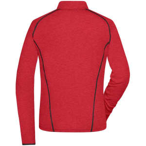 A red ladies sports shirt with long sleeves and contrasting black detailing on the back. It features a collar and fitted design.