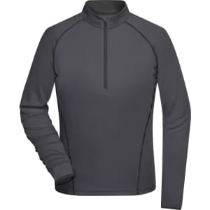 A grey ladies sports shirt with a zip collar and long sleeves, featuring contrasting stitching. It has a logo.
