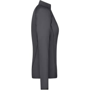 A grey long-sleeve ladies sports shirt with a polo collar and a logo. Suitable for various casual occasions.