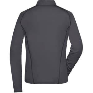 A dark grey long-sleeve ladies sports shirt with a fitted design and subtle seam detailing. It has a logo on the back.