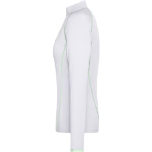 A white ladies sports shirt with long sleeves and green stitching details, featuring a collar and a logo.