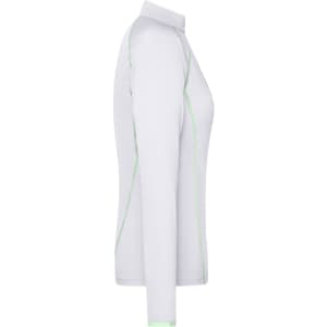 A ladies' long-sleeve sports shirt in white with green detailing and a collar, featuring a logo.