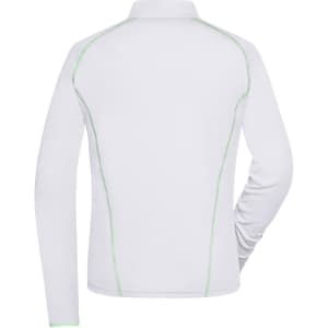 A white long-sleeve sports shirt with green stitching details and a logo on the back.