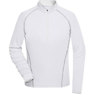A white ladies sports shirt with long sleeves and a zip collar, featuring contrasting stitch detailing.